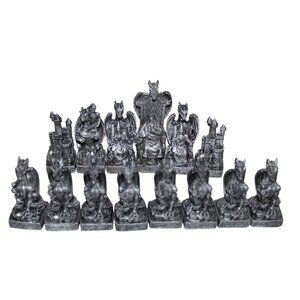 Dragon-Themed Chess Set With Metallic Silver Finish & Detailed Fantasy Sculpture
